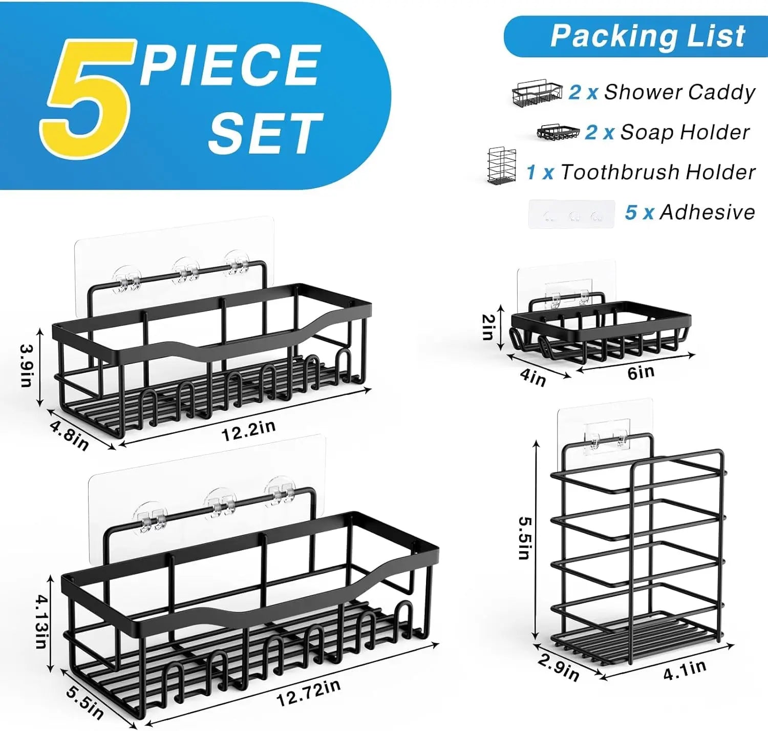 KineticWay™ Ultra-Strong 5-Piece Adhesive Shower Caddy Set – Rustproof Stainless Steel, No-Drill Organization for Bathroom & Kitchen My Store